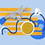 Katrin Pingel Coachin für Finanzen und Vorsorge aus Unna. Das Bild zeigt eine Collage. Eine schwarz-weiße Frauenhand hält mit zwischen Daumen und Zeigefinger eine blaue sich schlängelnde Schnur. Ihr Daumen und der Mittelfinger sind in Segmente geteilt, die Schnittfläche ist blau.im Fokus ist eine große goldene Geldmünze mit Doller-Zeichen abgebildet. Das Bild wird mit bunten geometrischen Formen umrahmt. Die Collage wird für das Thema "Komm´ in mein Finanz­coaching, wenn du Dich auf ein wichtiges Bankgespräch vorbereiten möchtest“ verwendet.