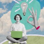 Katrin Pingel Coachin für Finanzen und Vorsorge aus Unna. Das Bild zeigt eine Collage. Eine junge Frau sitzt im Schneidersitz mit einem grünen Laptop auf dem Schoss. Sie lächelt und guckt zur Seite. Neben ihr schwebt eine abgeschnittene Frauenhand, die das OK-Symbol mit Daumen und Zeigefinger formt. Über der Frau schwebt eine Glühbirne. Die drei beschriebenen Bildelemente sind in schwarz-weiß abgebildet, der Rest ist in bunten Formen gestaltet. Im Hintergrund sieht man einen blauen Himmel mit weißen Wolken. Die Collage wird für das Thema "Komm´ in mein Finanz­coaching, wenn du unzufrieden bist, wo Du finanziell stehst“ verwendet.