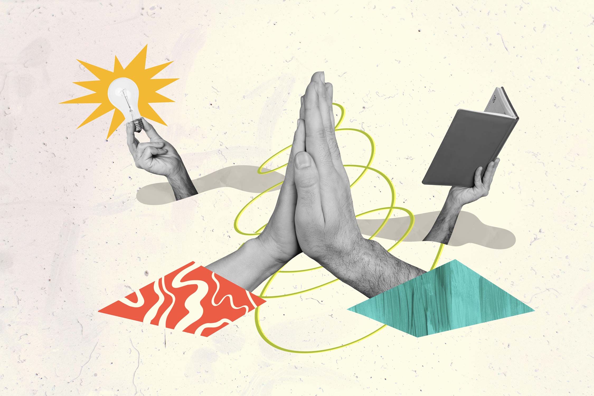 Katrin Pingel Coachin für Finanzen und Vorsorge aus Unna. Das Bild zeigt eine Collage. Im Focus sind eine Frauenhand und einer Männerhand, die sich mit den Handflächen zuklatschen. Links davon hält eine weitere Hand eine Glühbirne zwischen den Fingern. Im rechten Bildteil sieht man eine Hand, die einen offenen Terminplaner hält. Die Hände sind in schwarz-weiß abgebildet, während die übrige Collage bunt gehalten wird. Die Collage wird für das Thema „Mein Finanzcoaching hilft dir“ auf der Startseite verwendet.