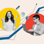 Katrin Pingel Coachin für Finanzen und Vorsorge aus Unna. Das Bild zeigt eine Collage. Das Bild zeigt zwei farbige Kreise. In dem linken gelben Kreis sieht man eine junge Frau. Sie macht eine Siegesgeste oder Triumphgeste, dabei sind ihre Augen geschlossen und der Mund zu einem „Yeah“ aufgerissen, beide Hände zu Fäusten geballt, die Arme gebeugt und nach oben gestreckt. In dem rechten roten Kreis sieht man einen jungen Mann mit Brille, der in der einen Hand einen Laptop oder Notebook hält und mit der anderen Hand darauf tippt. Sein Blick ist konzentriert und auf den Bildschirm zugewandt. Beide Personen sind in schwarz-weiß abgebildet, wobei die restliche Collage bunt ist. Zwischen den Kreisen schweben silberne Geldmünzen mit einem Doller-Zeichen. Im Hintergrund sieht man mehrere Graphen mit Pfeilspitzen, die in zickzack von links unten nach rechts oben verlaufen. Die Collage wird für das Thema "Komm´ in mein Finanz­coaching, wenn du Planungssicherheit bezüglich Deiner finanziellen Vorsorge benötigst“ verwendet.