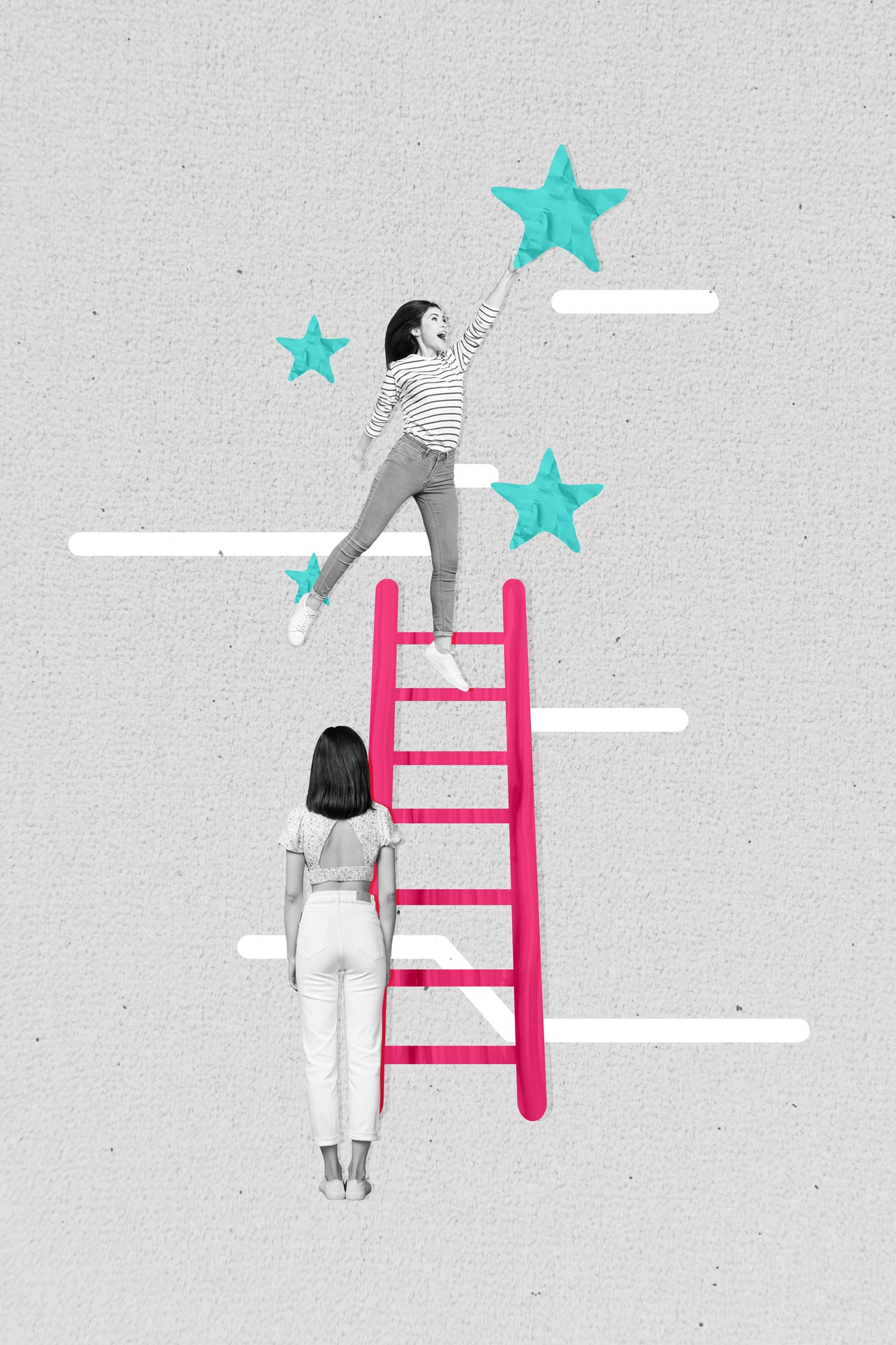 Katrin Pingel Coachin für Finanzen und Vorsorge aus Unna. Das Bild zeigt eine Collage. Man sieht zwei junge Frauen. Eine Frau steht ähnlich einem Zinnsoldaten mit dem Rücken zum Betrachter neben einer lilafarbenen Leiter. Die andere Frau balanciert mit dem linken Fuß auf der vorletzten Sprosse der Leiter und streckt den linken Arm nach einem der großen türkisfarbenen Sterne aus. Dabei schaut sie mit aufgerissenen Augen und offenem Mund fröhlich Richtung des Sterns. Bis auf die Leiter und die Sterne ist das Bild in schwarz-weiß gestaltet. Die Collage wird zur Bebilderung der Qualifikationen von Katrin Pingel auf der Seite „Wer bin ich“ verwendet.