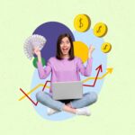 Katrin Pingel Coachin für Finanzen und Vorsorge aus Unna. Das Bild zeigt eine Collage. Eine junge Frau in Blue-Jeans und mit lila langärmligem Shirt sitzt im Schneidersitz mit einem Laptop auf dem Schoss. In der rechten Hand hält sie einen Fächer mit vielen Geldscheinen, die linke Hand zur Faust geballt, beide Arme sind angewinkelt nach oben. Sie schaut den Betrachter mit aufgerissenen Augen und offenem Mund fröhlich an. Um sie herum schweben riesige goldene Geldmünzen mit Doller-Zeichen. Hinter ihr sieht man einen roten und gelben in zickzack von links unten nach rechts oben verlaufenden Graphen in Pfeilform. Bunte unterschiedlich große Kreise runden die Collage hinter ihr ab. Die Collage wird für das Thema "Komm´ in mein Finanz­coaching, wenn du einfach mal Redebedarf zu Deiner finanziellen Situation hast“ verwendet.