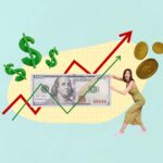 Katrin Pingel Coachin für Finanzen und Vorsorge aus Unna. Das Bild zeigt eine Collage. Eine junge Frau in einem grünen Jumpsuit zieht an einem riesigen 100 Doller Geldschein, dabei schaut sie den Betrachter mit aufgerissenen Augen und offenem Mund fröhlich an. Um sie herum schweben riesige goldene Geldmünzen mit Doller-Zeichen und riesige grüne dreidimensionale Doller-Zeichen. Hinter dem großen Geldschein sieht man einen roten in zickzack von links unten nach rechts oben verlaufenden Graphen in Pfeilform. Vor dem Geldschein verläuft ein ähnlicher grüner Graph. Die Collage wird für das Thema "Komm´ in mein Finanz­coaching, wenn du Gründerin oder Gründer bist und die Auswirkungen auf Deine Finanzen prüfen möchtest verwendet.