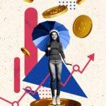 Katrin Pingel Coachin für Finanzen und Vorsorge aus Unna. Das Bild zeigt eine Collage. Eine junge Frau mit einem blauen Regenschirm steht auf einer goldenen Geldmünze und schaut den Betrachter lächelnd an. Um sie herum fliegen weitere große goldene Geldmünzen mit Doller-Zeichen. Hinter ihr sieht man bunte geometrische Formen und ein Graph in Pfeilform der von links unten nach rechts oben steigt. Die Frau ist in schwarz-weiß abgebildet, der Rest ist bunt in Farbe. Die Collage wird für das Thema "Komm´ in mein Finanz­coaching, wenn du etwas ändern möchtest und jetzt bereit dazu bist!" verwendet.