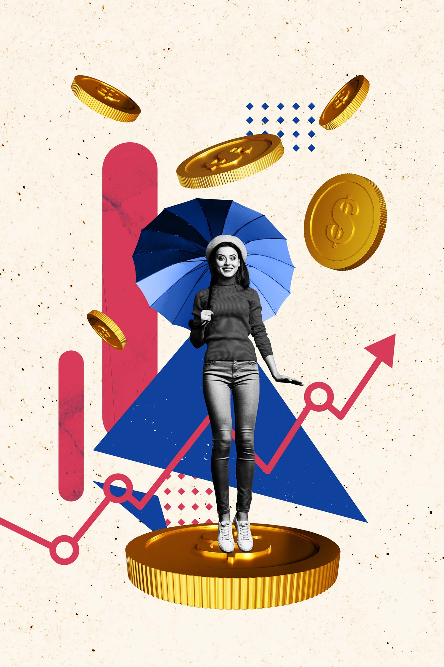 Katrin Pingel Coachin für Finanzen und Vorsorge aus Unna. Das Bild zeigt eine Collage. Eine junge Frau mit einem blauen Regenschirm steht auf einer goldenen Geldmünze und schaut den Betrachter lächelnd an. Um sie herum fliegen weitere große goldene Geldmünzen mit Doller-Zeichen. Hinter ihr sieht man bunte geometrische Formen und ein Graph in Pfeilform der von links unten nach rechts oben steigt. Die Frau ist in schwarz-weiß abgebildet, der Rest ist bunt in Farbe. Die Collage wird für das Thema "Komm´ in mein Finanz­coaching, wenn du etwas ändern möchtest und jetzt bereit dazu bist!" verwendet.