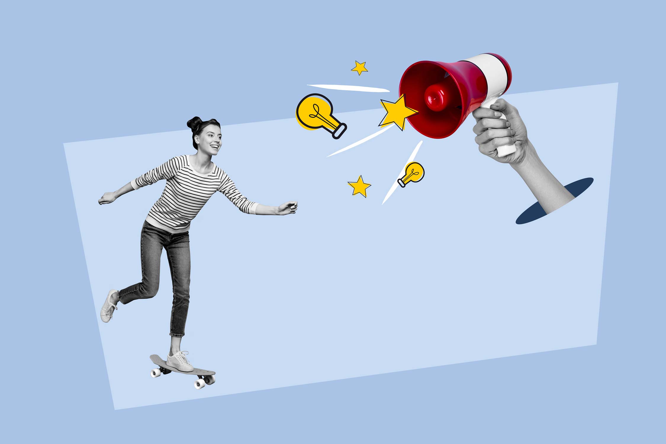 Katrin Pingel professionelle Coachin für Finanzen und Vorsorge aus Unna. Das Bild zeigt eine Collage. Eine junge Frau fährt auf einem Skateboard, dabei steht sie mit dem linken Fuß auf dem Skateboard mit dem rechten Bein nimmt sie Anschwung. Ihr Körper steht dynamisch in der Bewegung. Auf der rechten Seite hält eine Hand ein rotes Megafon aus den gelben Sternen und gelbe Glühbirnen rauskommen. Hand und Frau sind in schwarz-weiß abgebildet, der Rest ist bunt. Der Hintergrund ist in Blautönen gehalten. Die Collage wird für das Thema „Für alle jünger 25 Jahre biete ich ein Startpaket an“ auf der Seite „Was ich anbiete“ verwendet.