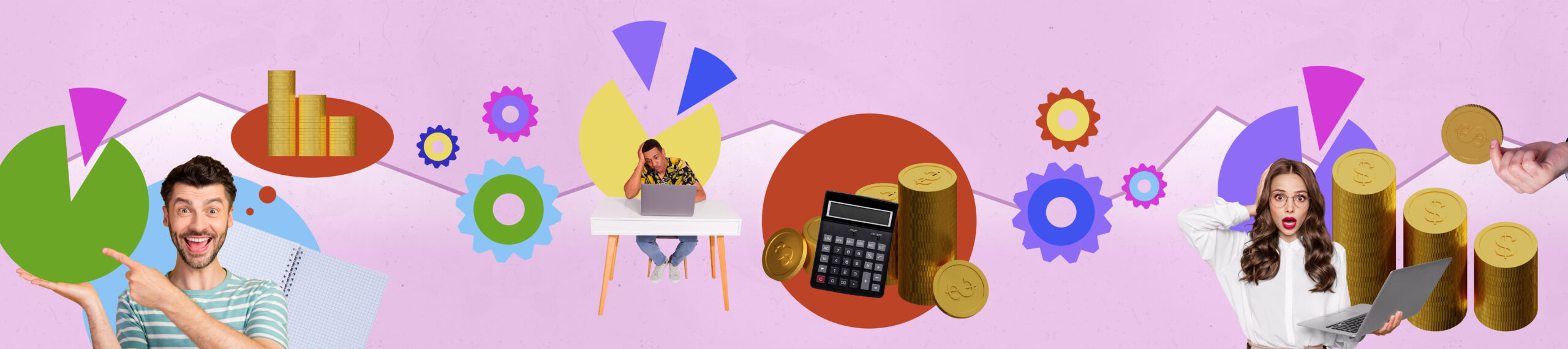 Katrin Pingel Coachin für Finanzen und Vorsorge aus Unna. Das Bild zeigt eine Collage aus Fotos und Illustrationen, die sich über einen schwankenden Grafen erstrecken. Die Illustration zeigt Menschen am Computer, bunte Kreisdiagramme, Stapeln von Goldmünzen und bunten Zahnrädern. Die Collage wird für das Thema "Workshop- und Seminarangebot“ verwendet.